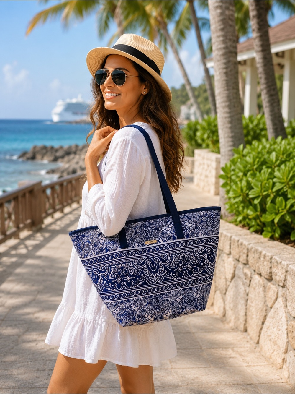 EUC Soma Large Baroque Paisley Print Tote Bag, black blue white